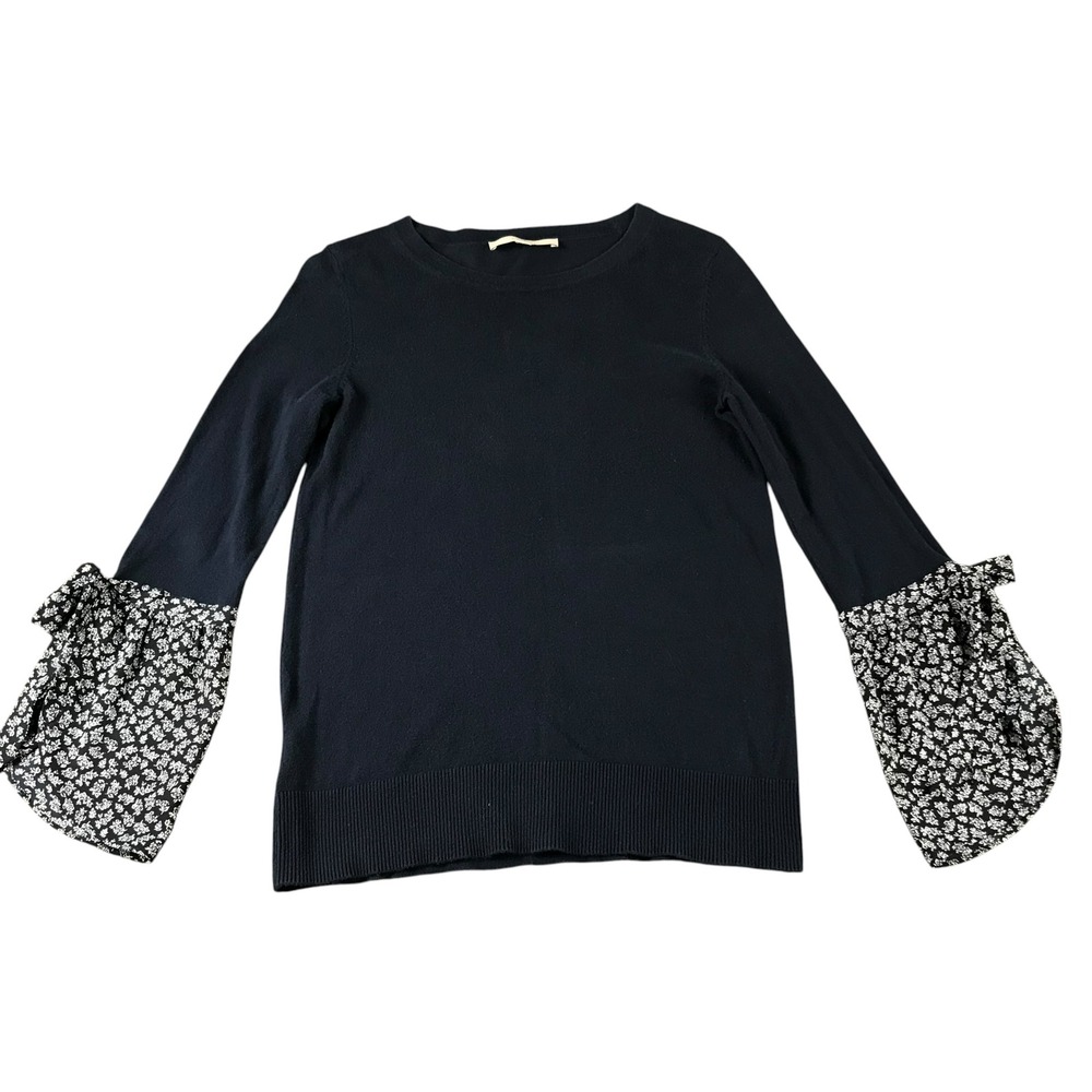 LOFT Navy Blue Mixed Media Floral Tie Bell Sleeve Sweater XS Crewneck Knit Top